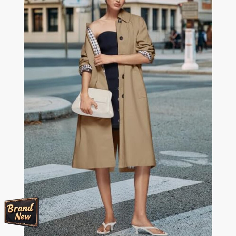 Oversized Long Trench Coat Single Breasted Windproof Plaid Lined Outerwear - Picture 6 of 7